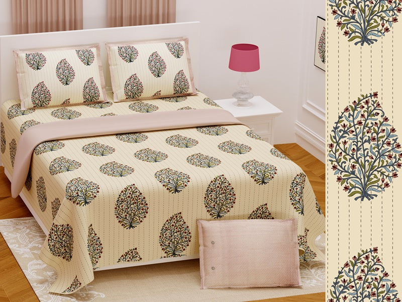 Handwork Print Pure Cotton King Size Bedsheet with 2 Pillow Covers – 108'' × 108''