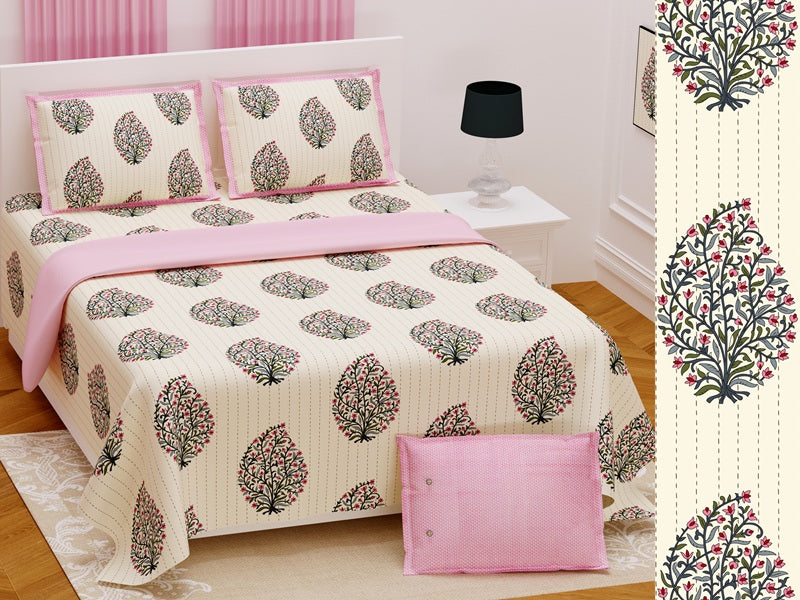 Handwork Print Pure Cotton King Size Bedsheet with 2 Pillow Covers – 108'' × 108''