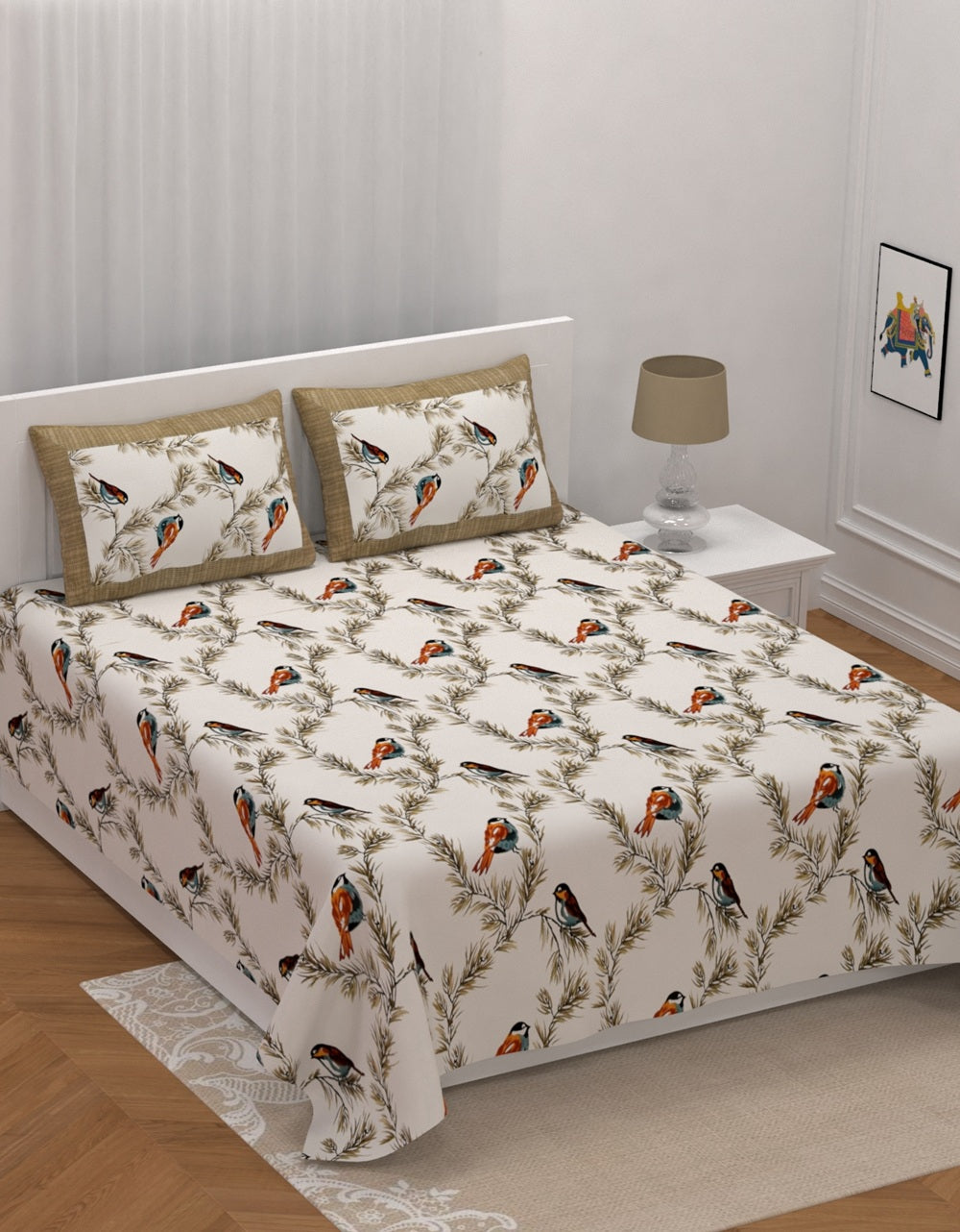 Rosemary Print Pure Cotton King Size Bedsheet with 2 Pillow Covers – 100 × 108