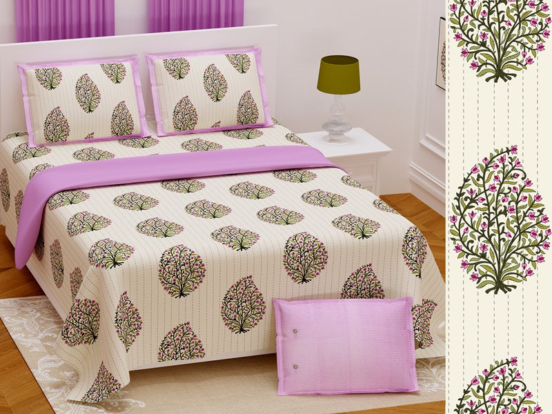 Handwork Print Pure Cotton King Size Bedsheet with 2 Pillow Covers – 108'' × 108''