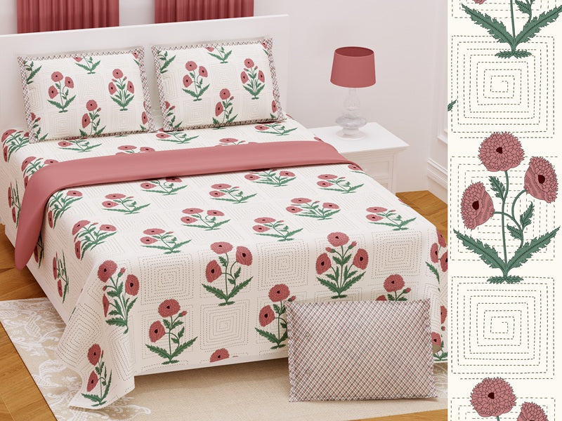 Handwork Print Pure Cotton King Size Bedsheet with 2 Pillow Covers – 108'' × 108''