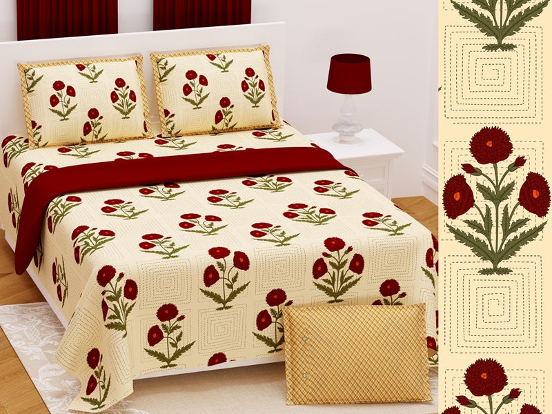 Handwork Print Pure Cotton King Size Bedsheet with 2 Pillow Covers – 108'' × 108''
