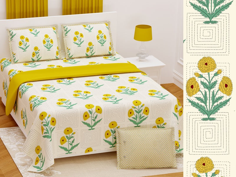 Handwork Print Pure Cotton King Size Bedsheet with 2 Pillow Covers – 108'' × 108''
