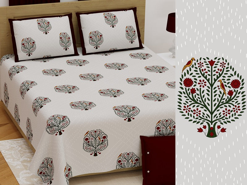Handwork Print Pure Cotton King Size Bedsheet with 2 Pillow Covers – 108'' × 108''