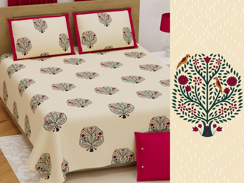 Handwork Print Pure Cotton King Size Bedsheet with 2 Pillow Covers – 108'' × 108''