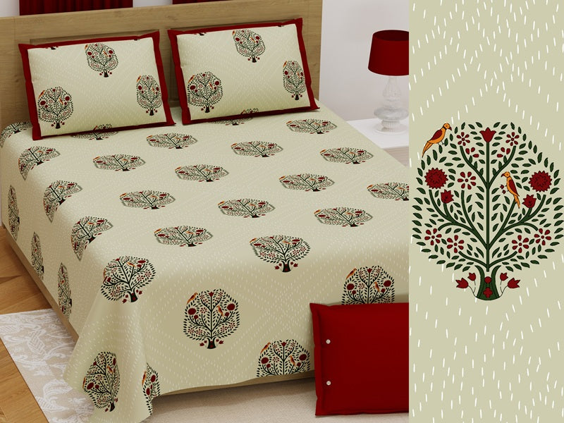 Handwork Print Pure Cotton King Size Bedsheet with 2 Pillow Covers – 108'' × 108''