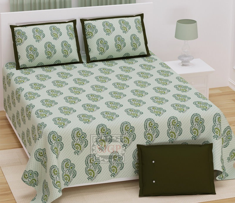 Handwork Print Pure Cotton King Size Bedsheet with 2 Pillow Covers – 108'' × 108''