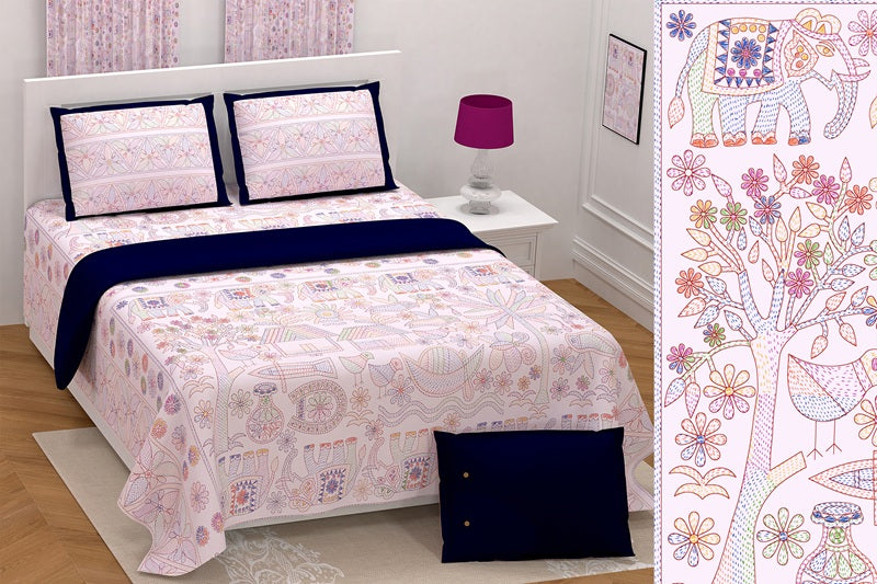 Handwork Print Pure Cotton King Size Bedsheet with 2 Pillow Covers – 108'' × 108''