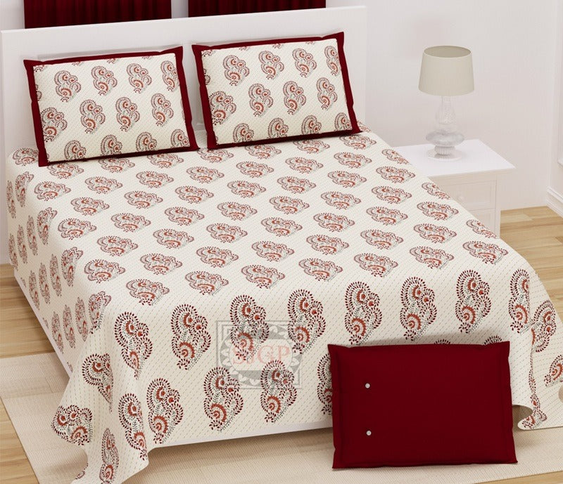 Handwork Print Pure Cotton King Size Bedsheet with 2 Pillow Covers – 108'' × 108''