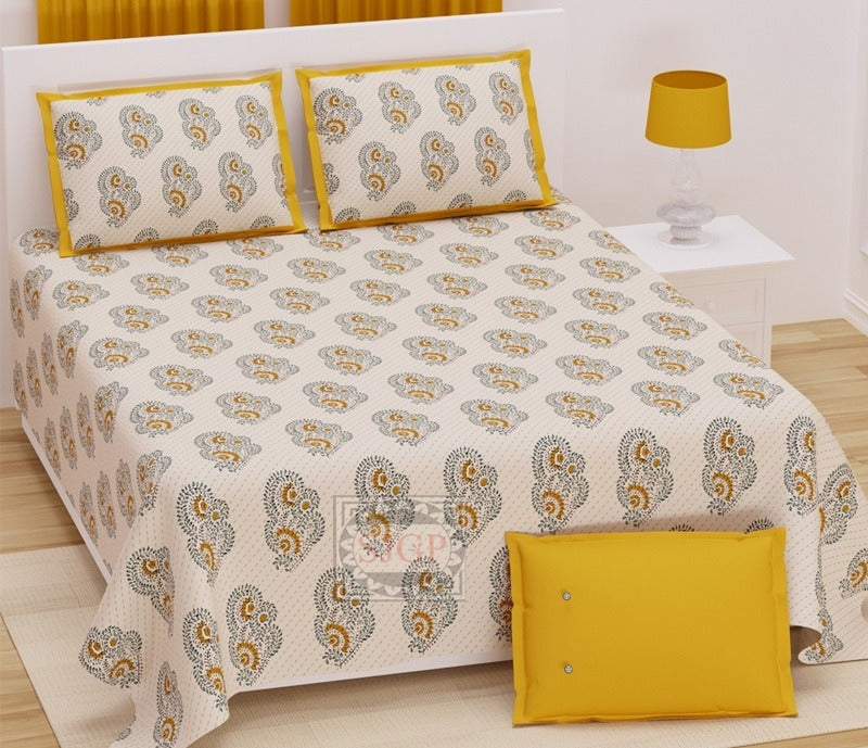 Handwork Print Pure Cotton King Size Bedsheet with 2 Pillow Covers – 108'' × 108''