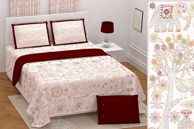 Handwork Print Pure Cotton King Size Bedsheet with 2 Pillow Covers – 108'' × 108''